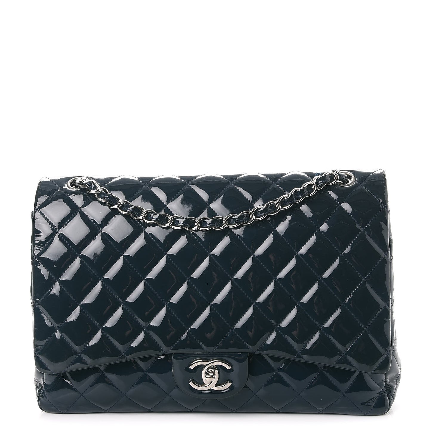 Patent Quilted Maxi Double Flap Navy Blue