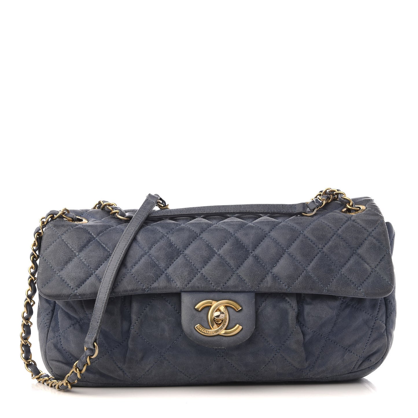 Iridescent Calfskin Large Chic Quilt Flap Dark Blue