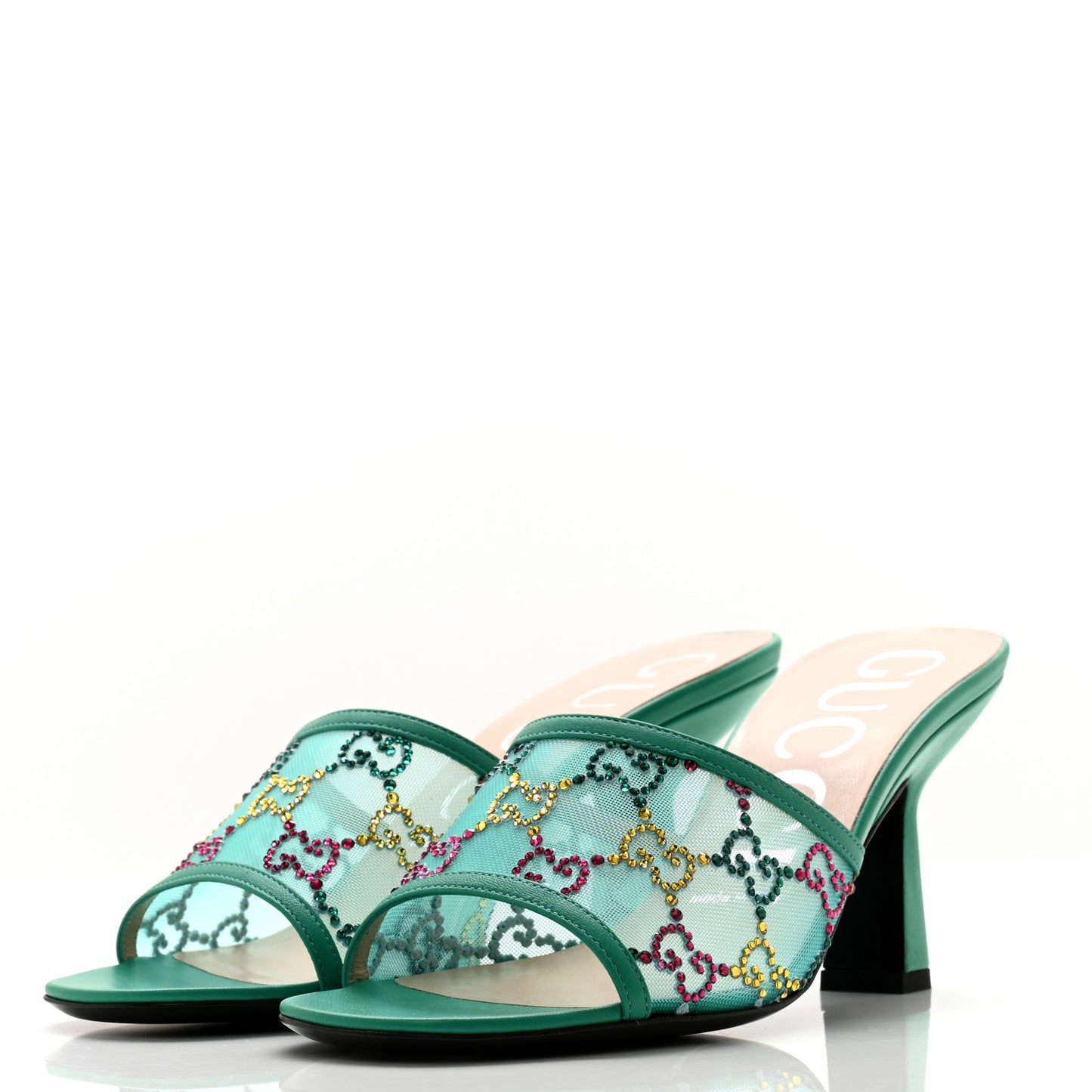 Tela Retino Nappa Crystal GG Monogram Square G 95mm Slide Sandals 37 Turquoise