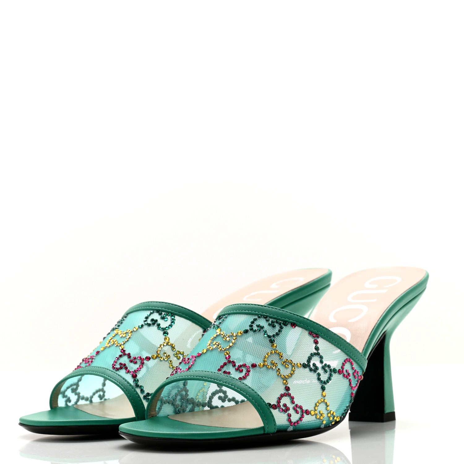 Gucci Tela Retino Nappa Crystal GG Monogram Square G 95mm Slide Sandals 37 Turquoise 3 of 9