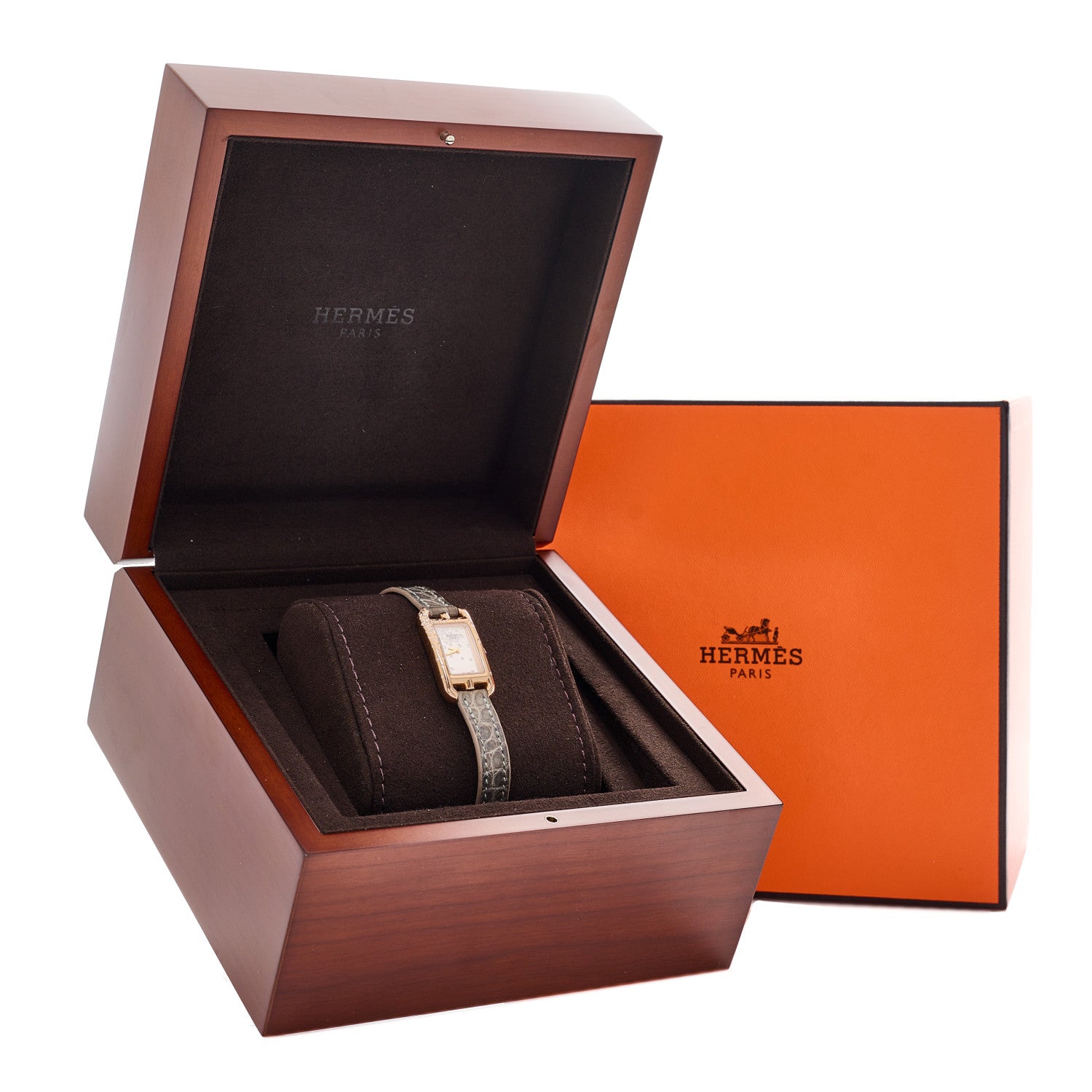 Hermes 18K Rose Gold Alligator Diamond 17mm Nantucket Jete De Diamants Quartz Watch Gris Perle 5 of 5