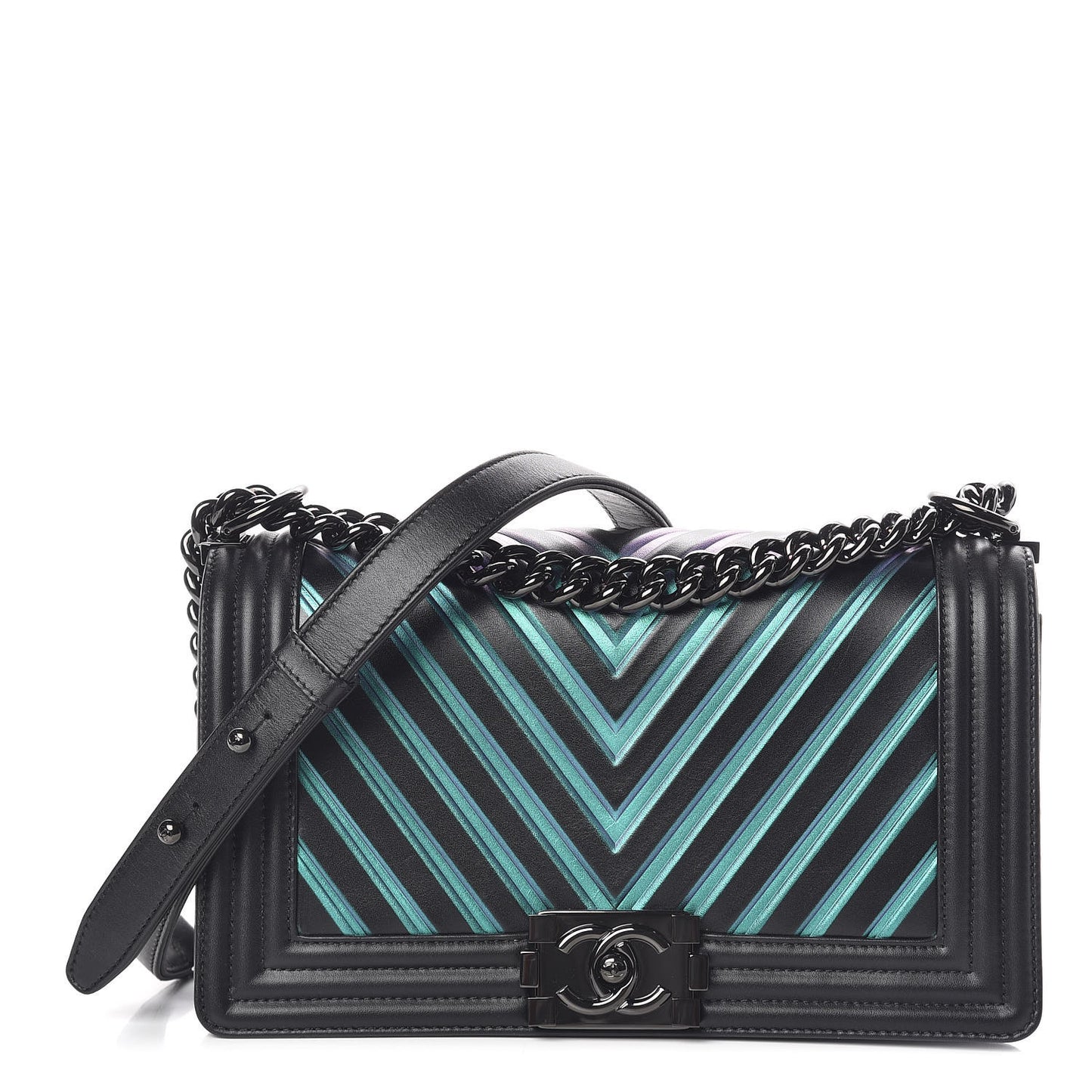 Calfskin Painted Chevron Embossed Medium Boy Flap Black