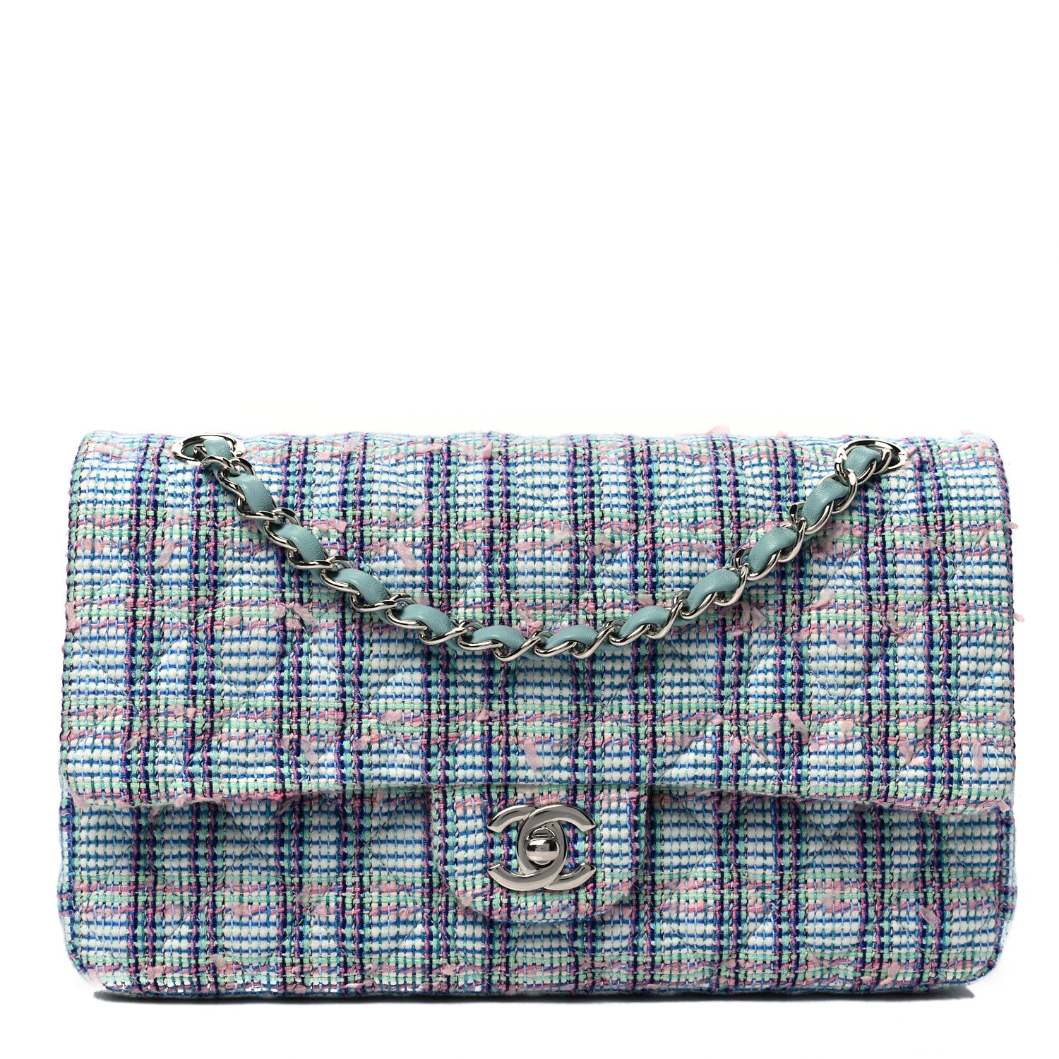 Chanel Tweed Quilted Medium Double Flap Blue White Pink Green 1 of 7