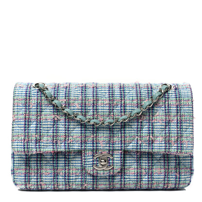 Chanel Tweed Quilted Medium Double Flap Blue White Pink Green 1 of 7