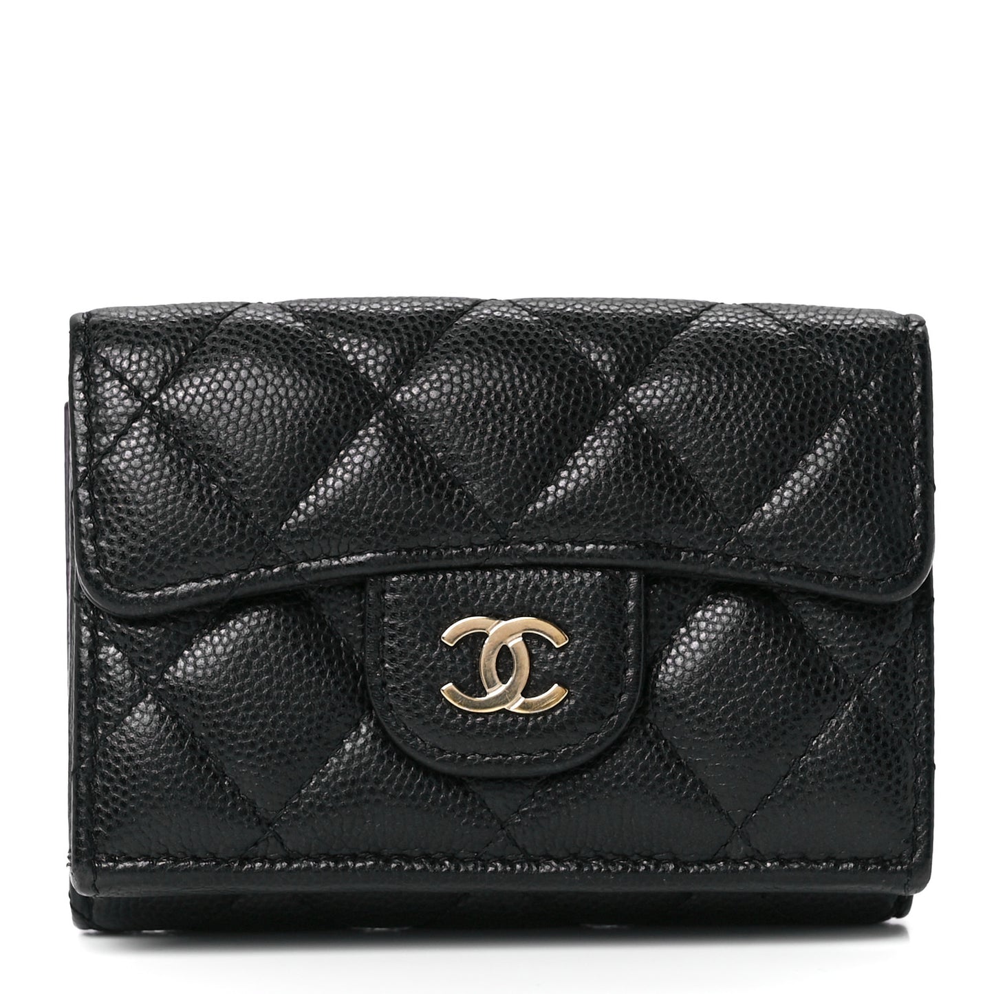 Caviar Quilted Tri-Fold Flap Wallet Black