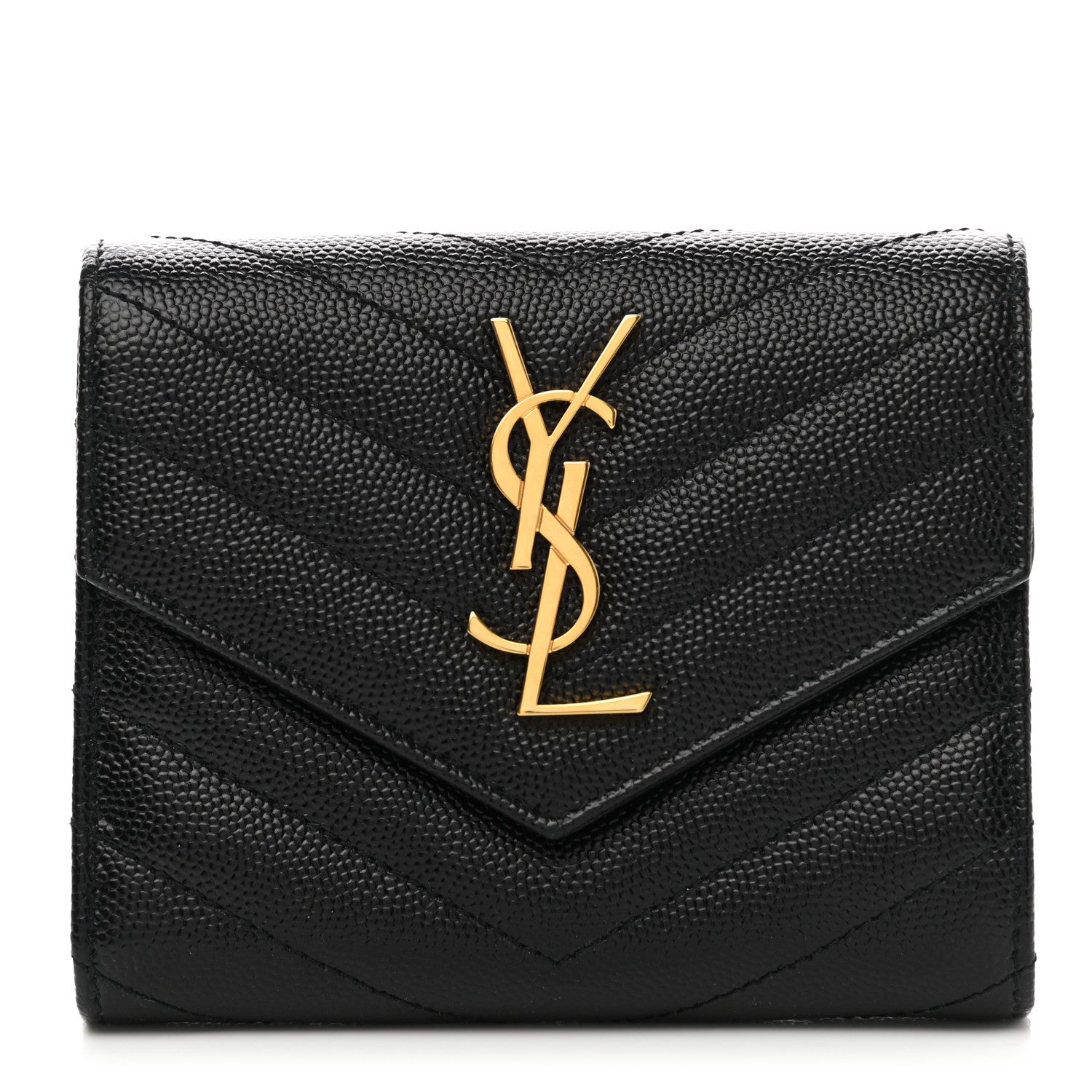 Saint Laurent Grain De Poudre Matelasse Chevron Monogram Compact Tri Fold Wallet Black 1 of 7
