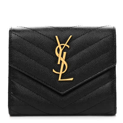 Saint Laurent Grain De Poudre Matelasse Chevron Monogram Compact Tri Fold Wallet Black 1 of 7