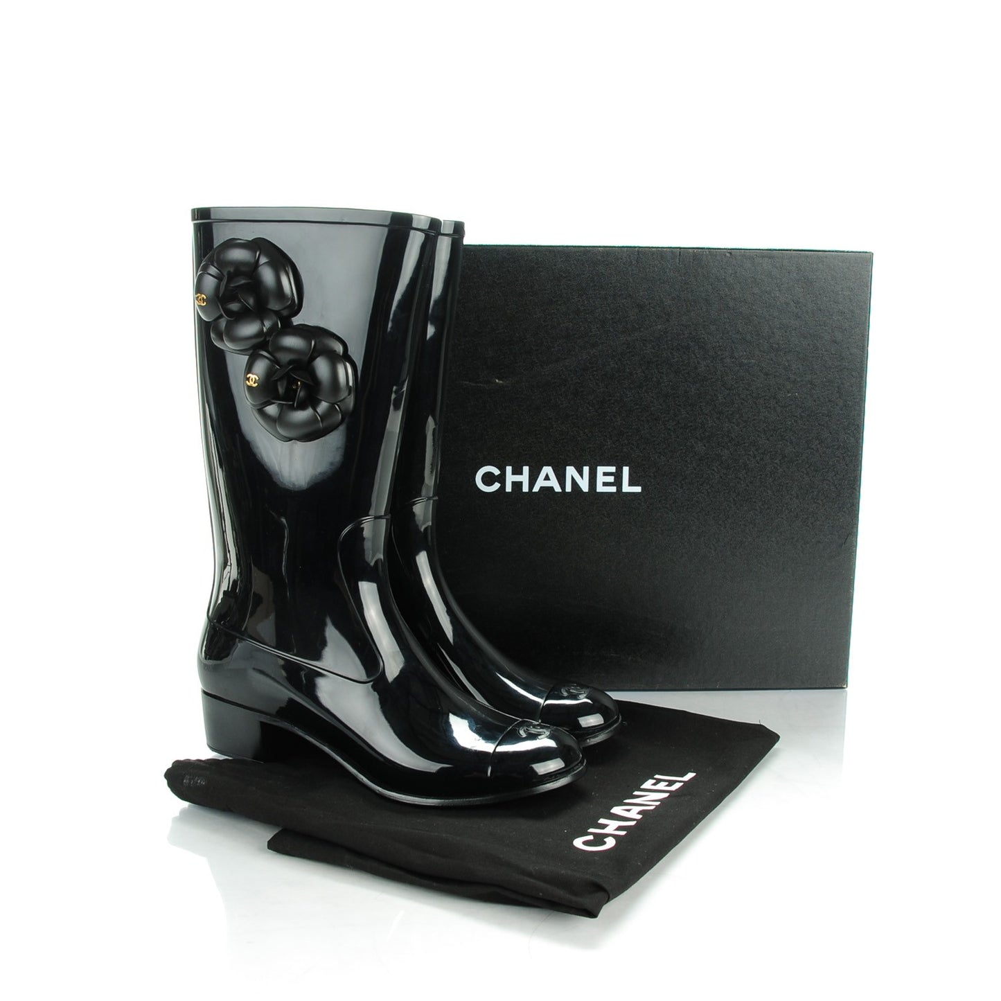 Rubber Camellia Rain Boots 38 Black