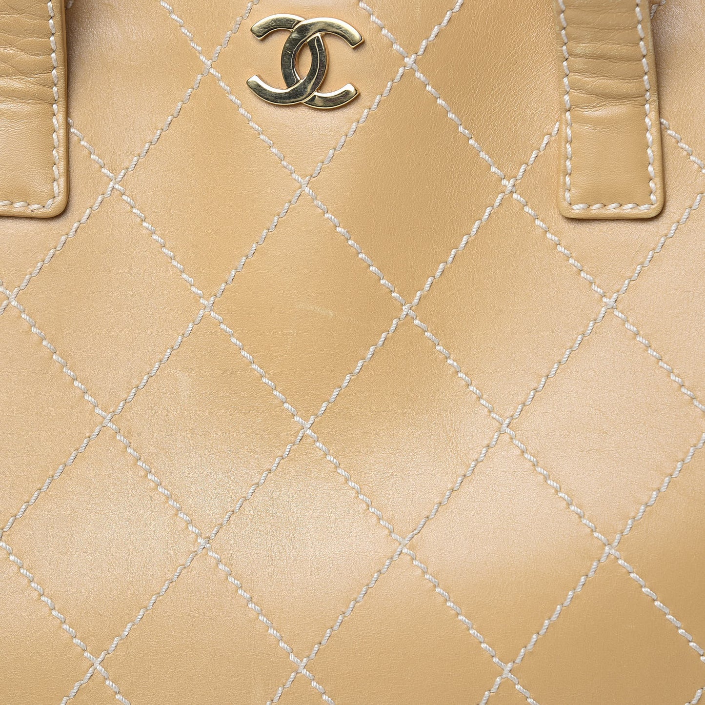 Calfskin Contrast Stitch Surpique Tote Beige