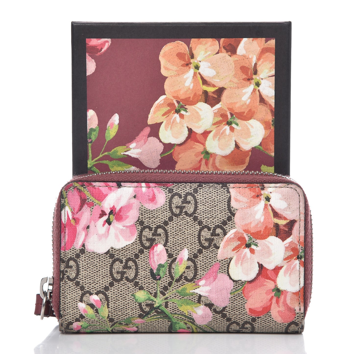 GG Supreme Monogram Blooms Zip Around Card Case Wallet Beige Multicolor Dry Rose
