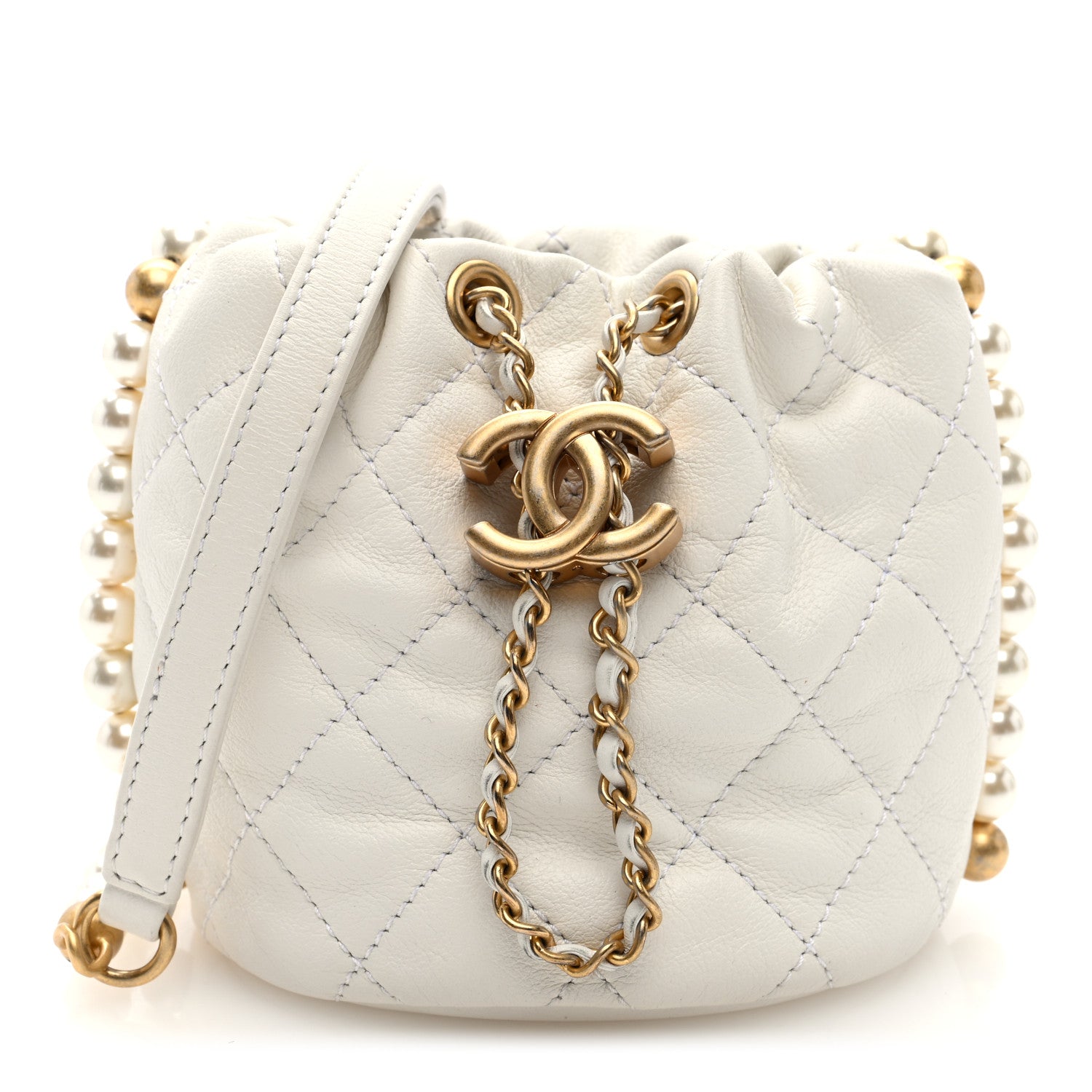 Chanel Calfskin Quilted Pearl Mini About Pearls Drawstring Bucket Bag White 1 of 10