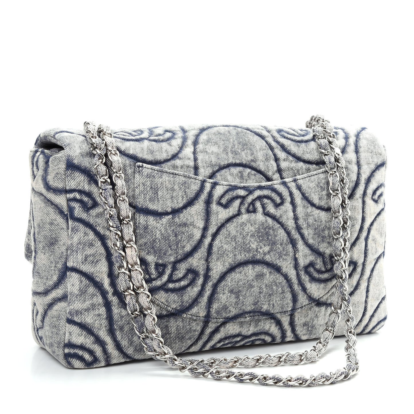 Denim Embossed CC Logo Print Jumbo Single Flap Blue