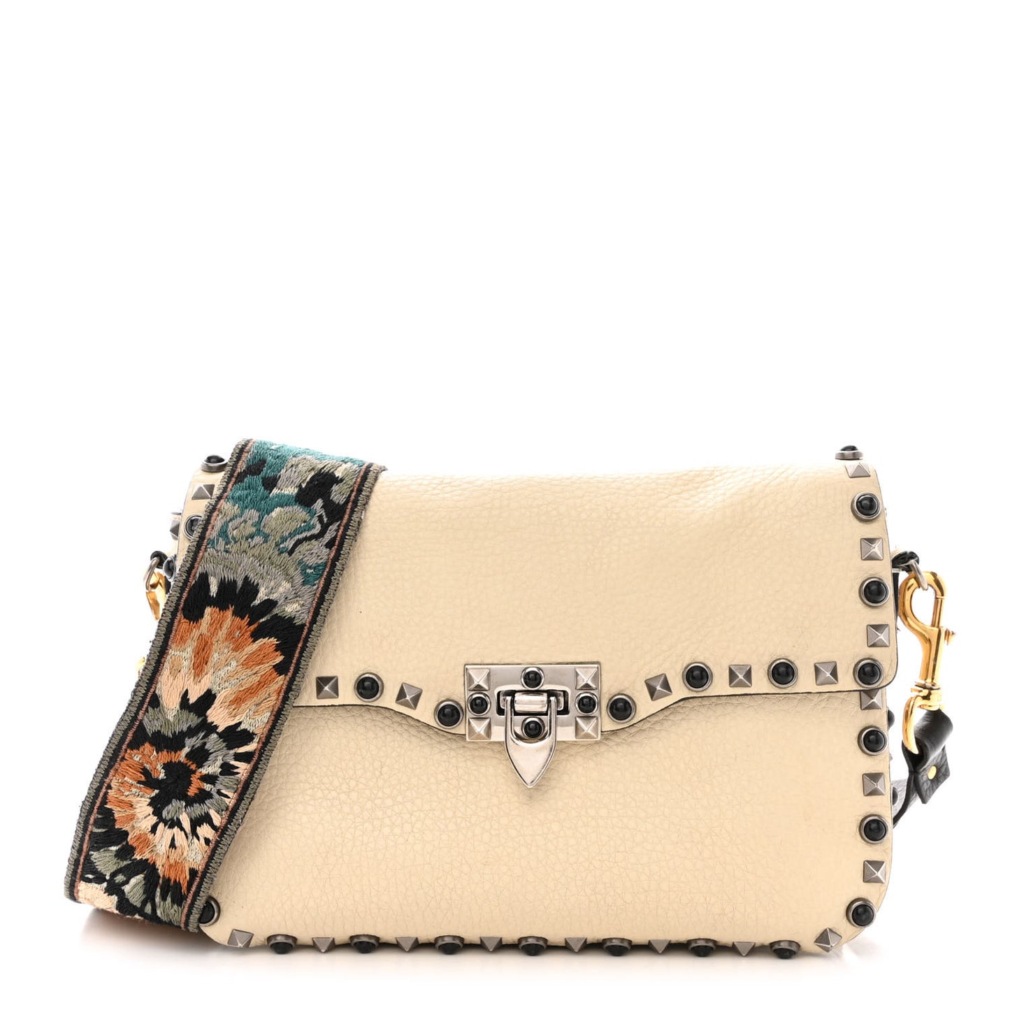 Pebbled Calfskin Onyx Medium Guitar Strap Rockstud Rolling Flap Saddle Bag Ivory