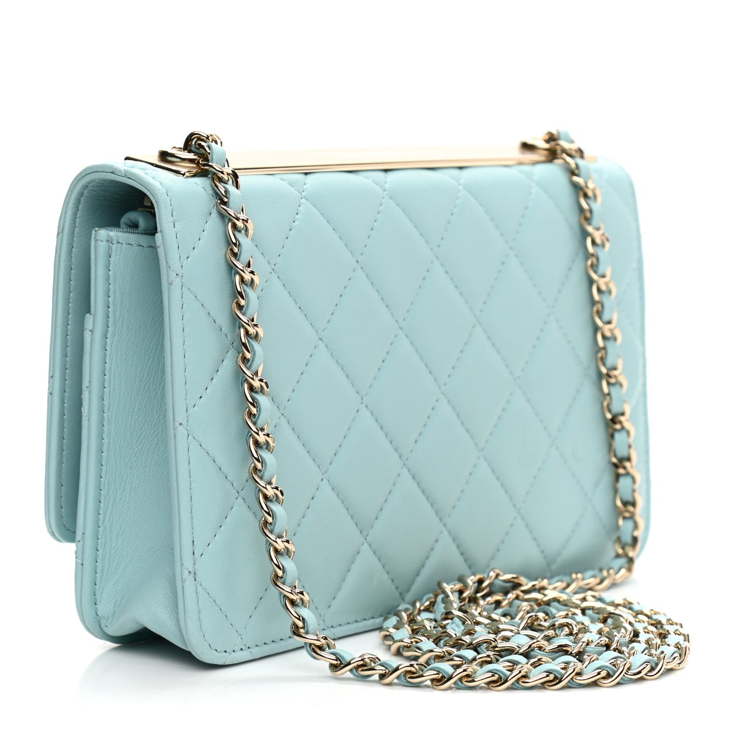 Lambskin Quilted Trendy CC Wallet On Chain WOC Light Blue
