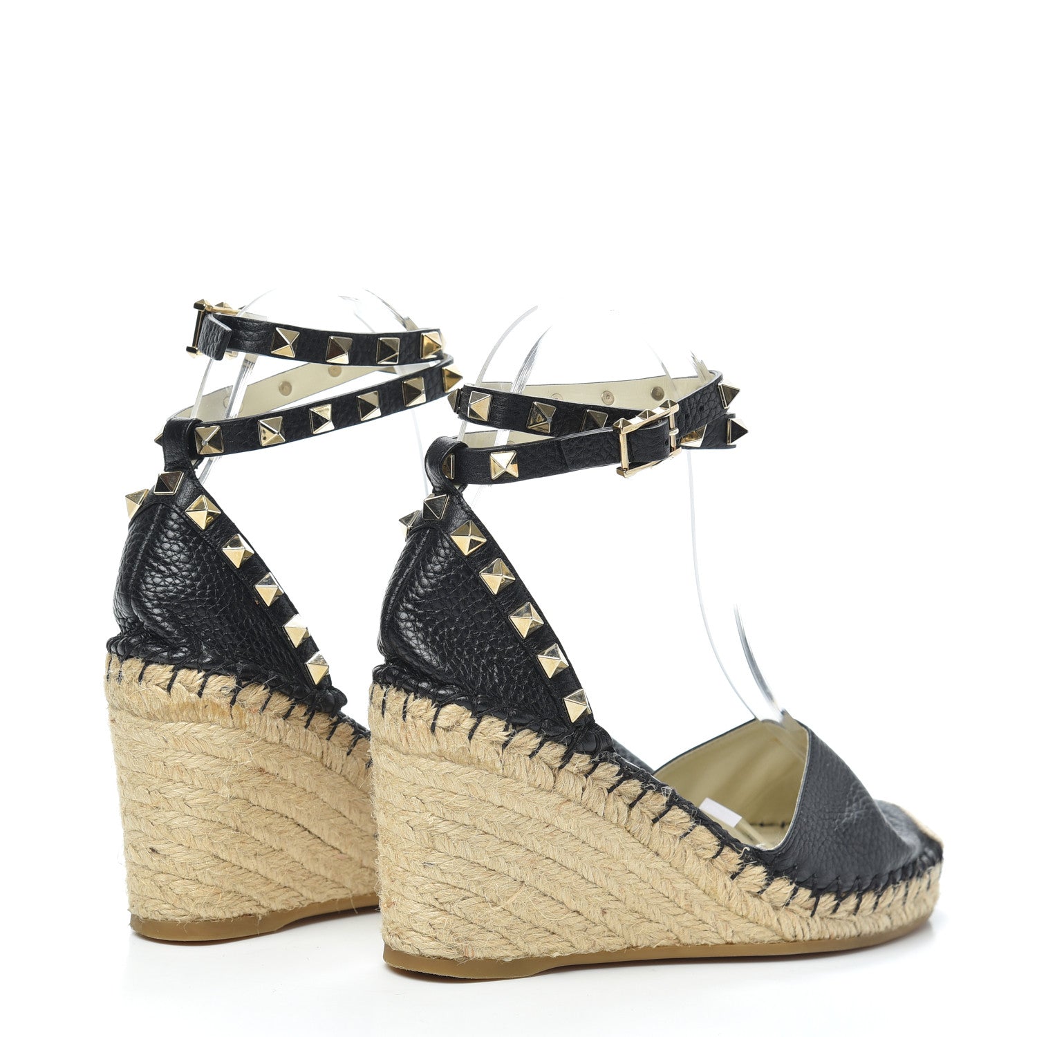 Valentino Garavani Grained Calfskin Rockstud Ankle Wrap Espadrille 15/85mm Wedges 35 Black Light Ivory 4 of 6