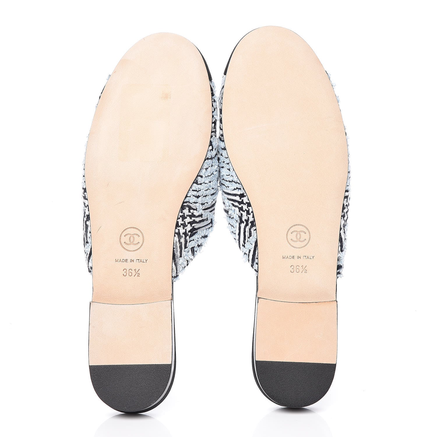 Chanel Tweed Grosgrain Camellia CC Flat Mules 36.5 Blue Silver Black 5 of 10