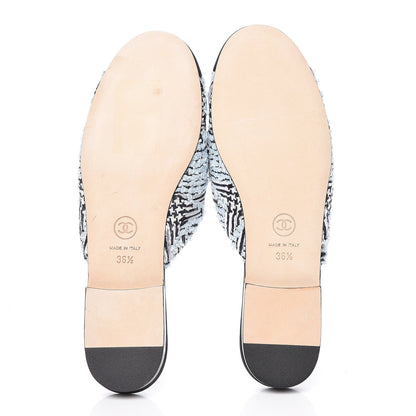 Chanel Tweed Grosgrain Camellia CC Flat Mules 36.5 Blue Silver Black 5 of 10