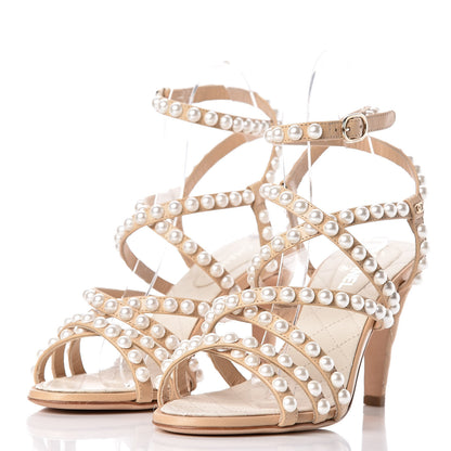 Chanel Goatskin Quilted Pearl Sandals 36 Beige 3 of 11