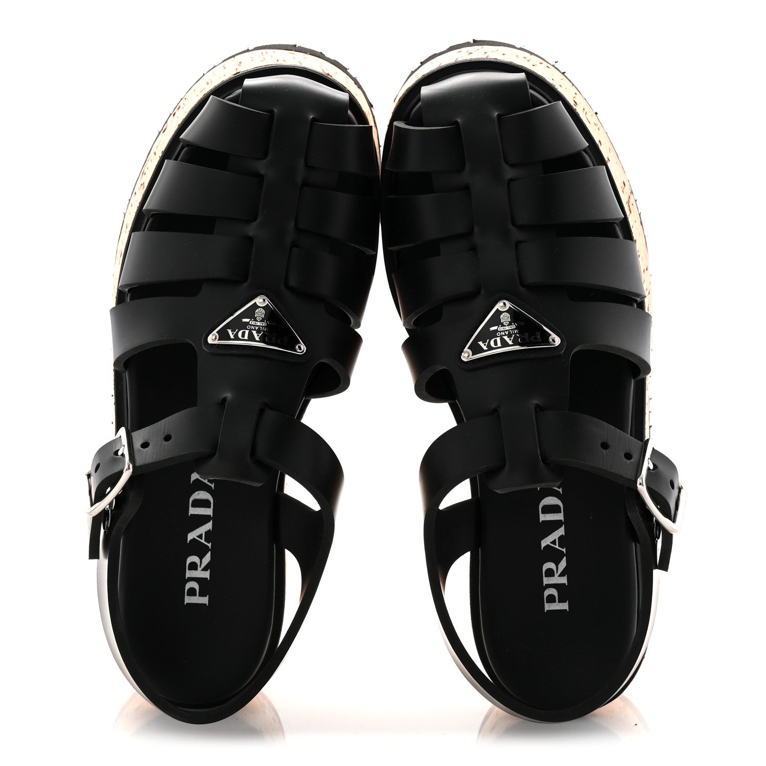 Prada Foam Rubber Cork Triangle Logo Platform Cage Sandals 38 Black 5 of 10