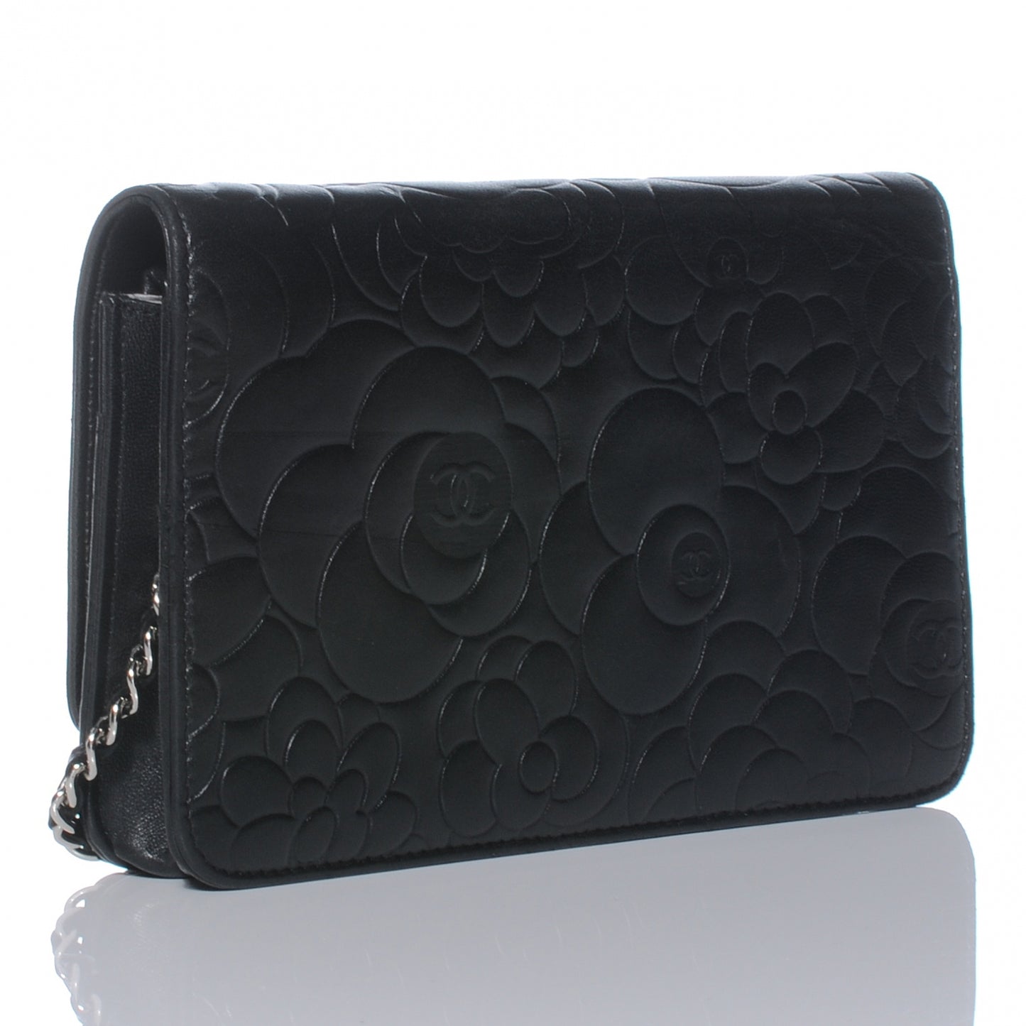 Lambskin Camellia Wallet on Chain WOC Black