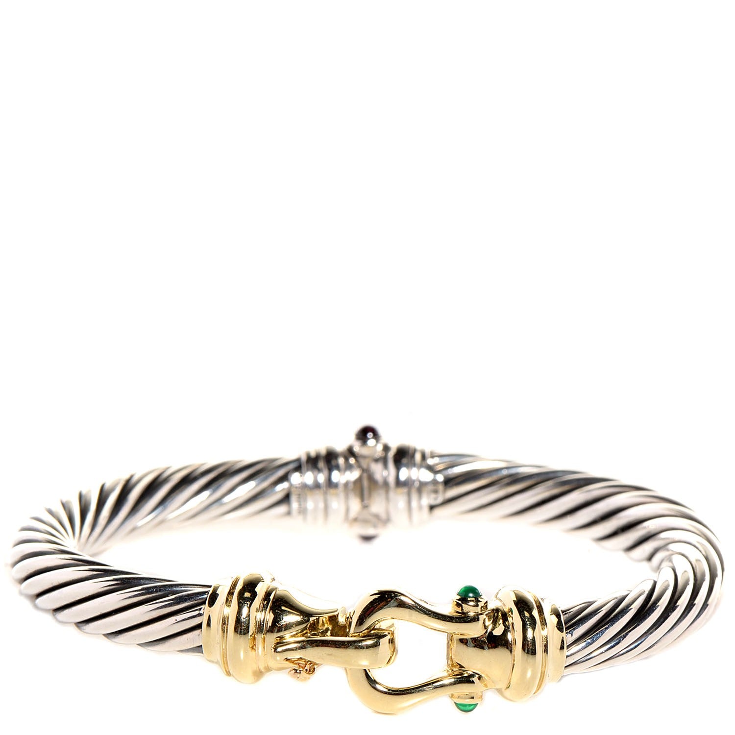 David Yurman Sterling Silver 14K Yellow Gold Green Onyx Pink Tourmaline 7mm Cable Buckle Bracelet 1 of 7