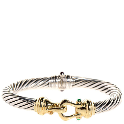 David Yurman Sterling Silver 14K Yellow Gold Green Onyx Pink Tourmaline 7mm Cable Buckle Bracelet 1 of 7