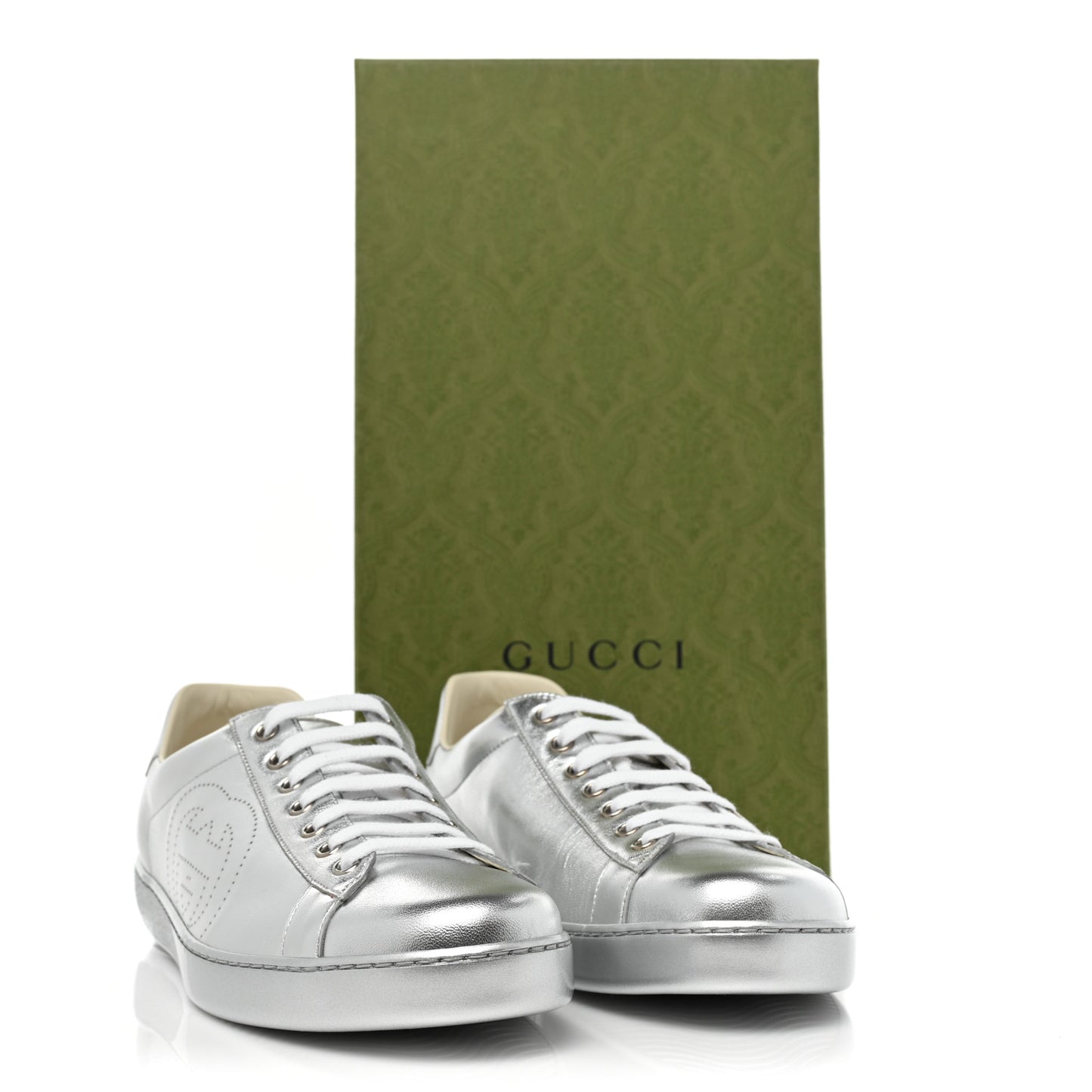 Metallic Nappa Interlocking G Perforated Mens Ace Sneakers 10 Argento