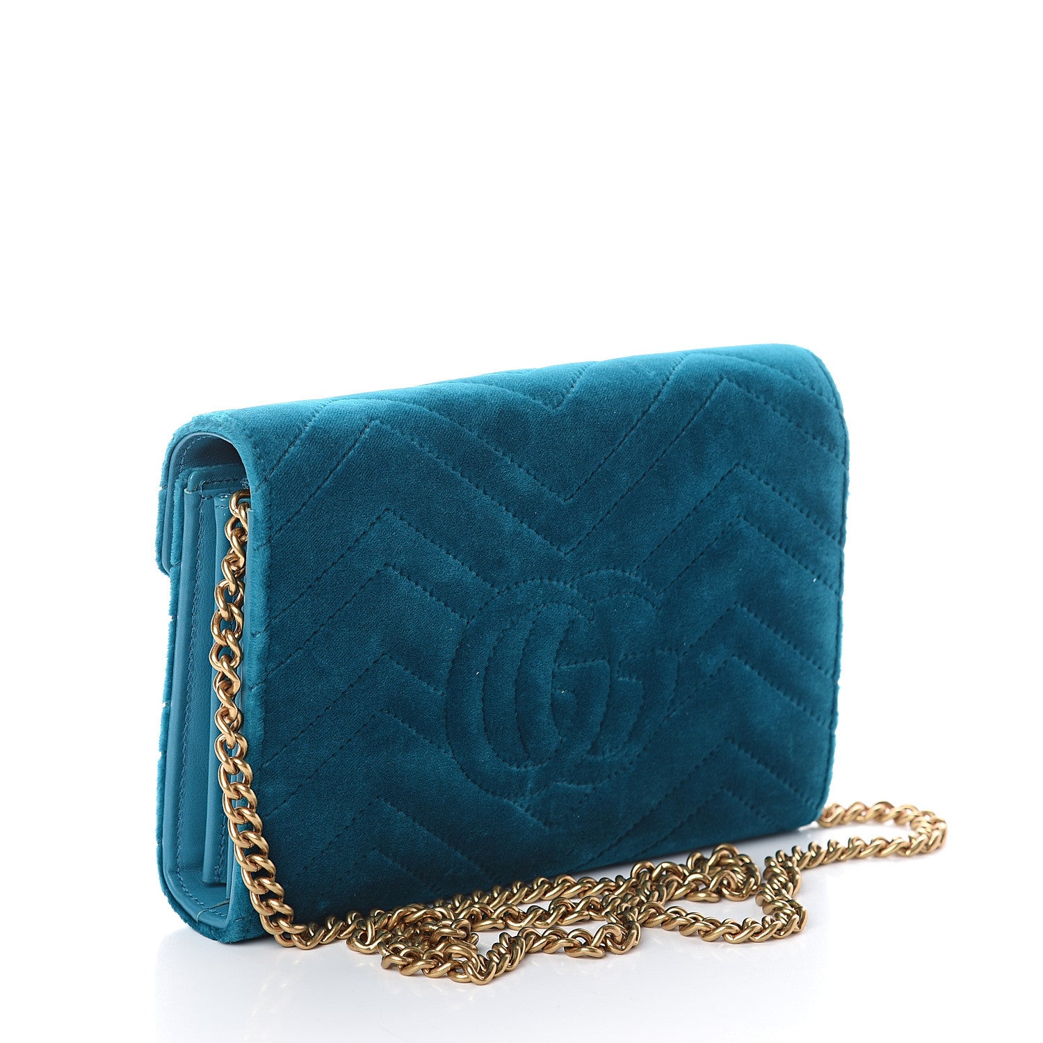 Gucci Velvet Matelasse GG Marmont Chain Wallet Pavone Cyan 2 of 7
