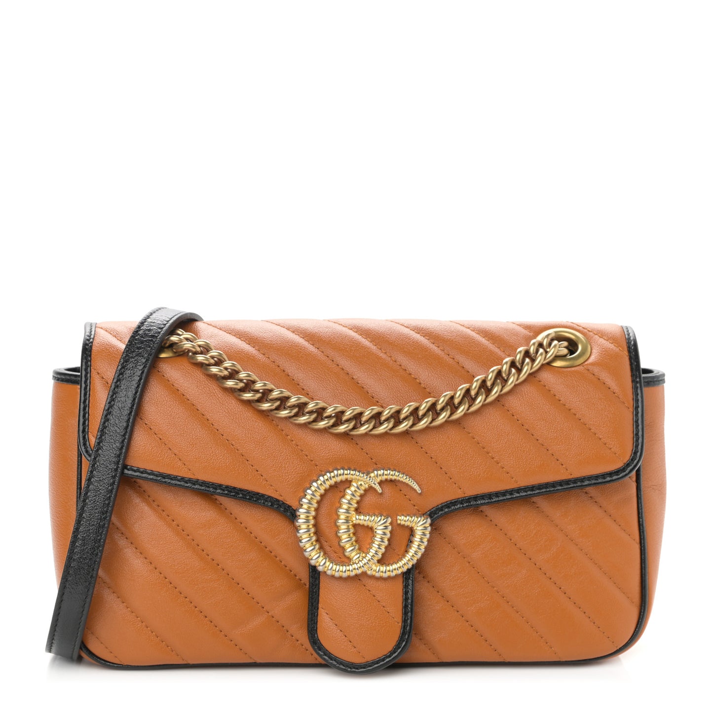 Vintage Effect Calfskin Matelasse Diagonal Small Torchon GG Marmont Shoulder Bag Cognac Black
