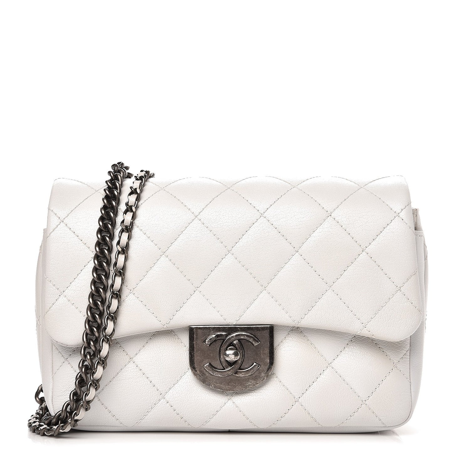Shiny Goatskin Quilted Small Double Carry Waist Chain Flap White