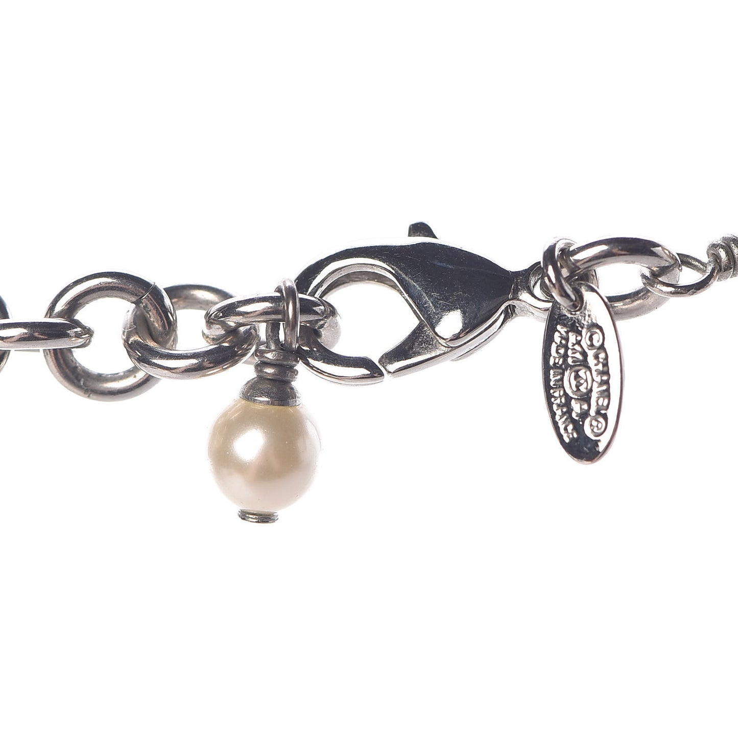 Graduated Pearl Crystal CC Long Necklace Silver Pearly White