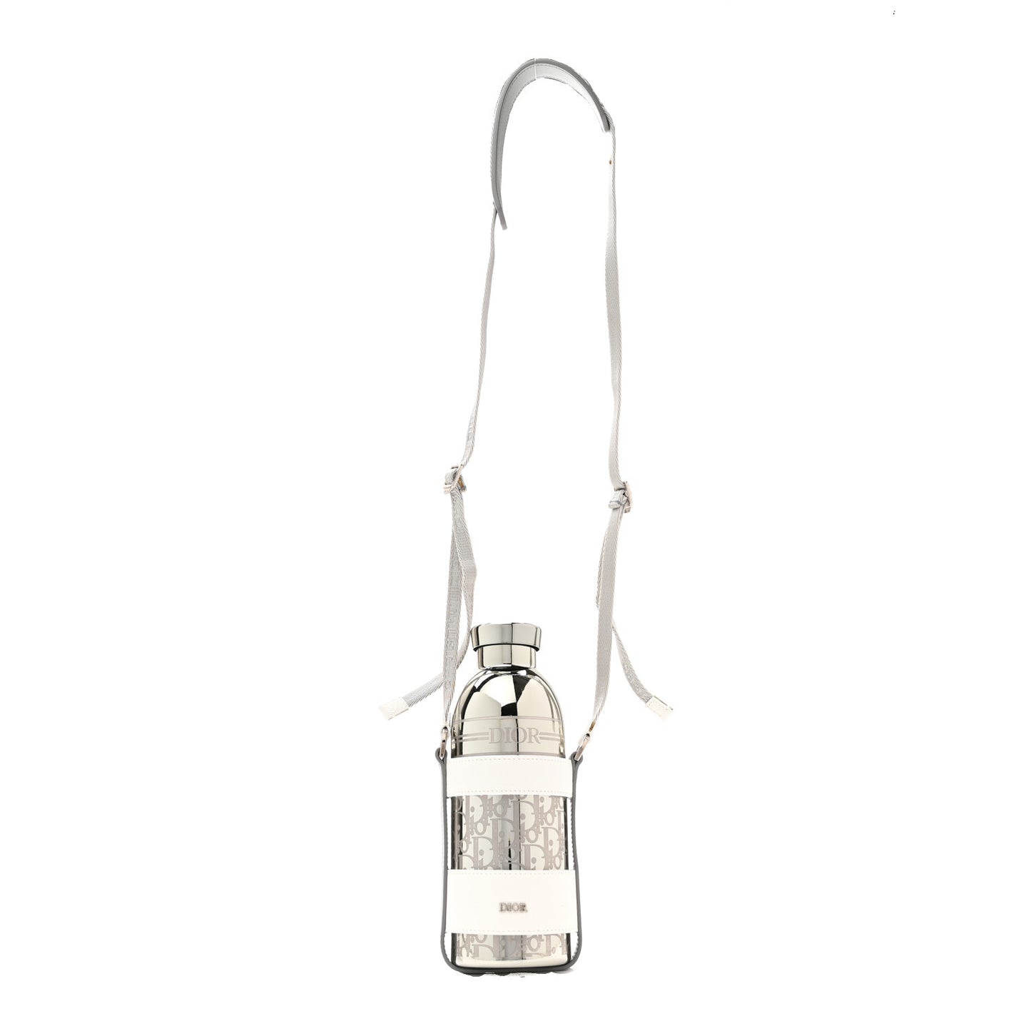 Oblique Stainless Steel Grained Calfskin Aqua Bottle With Shoulder Strap Off White