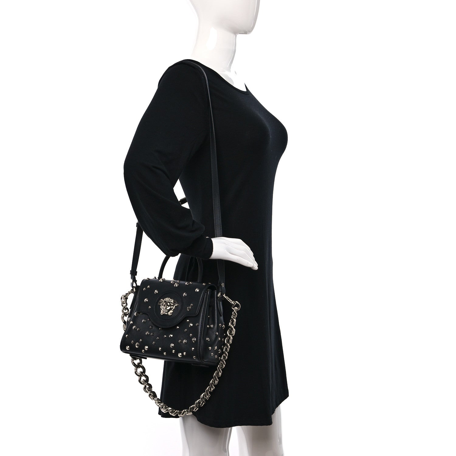 Versace Grained Calfskin Spiked Small La Medusa Top Handle Bag Black 3 of 8