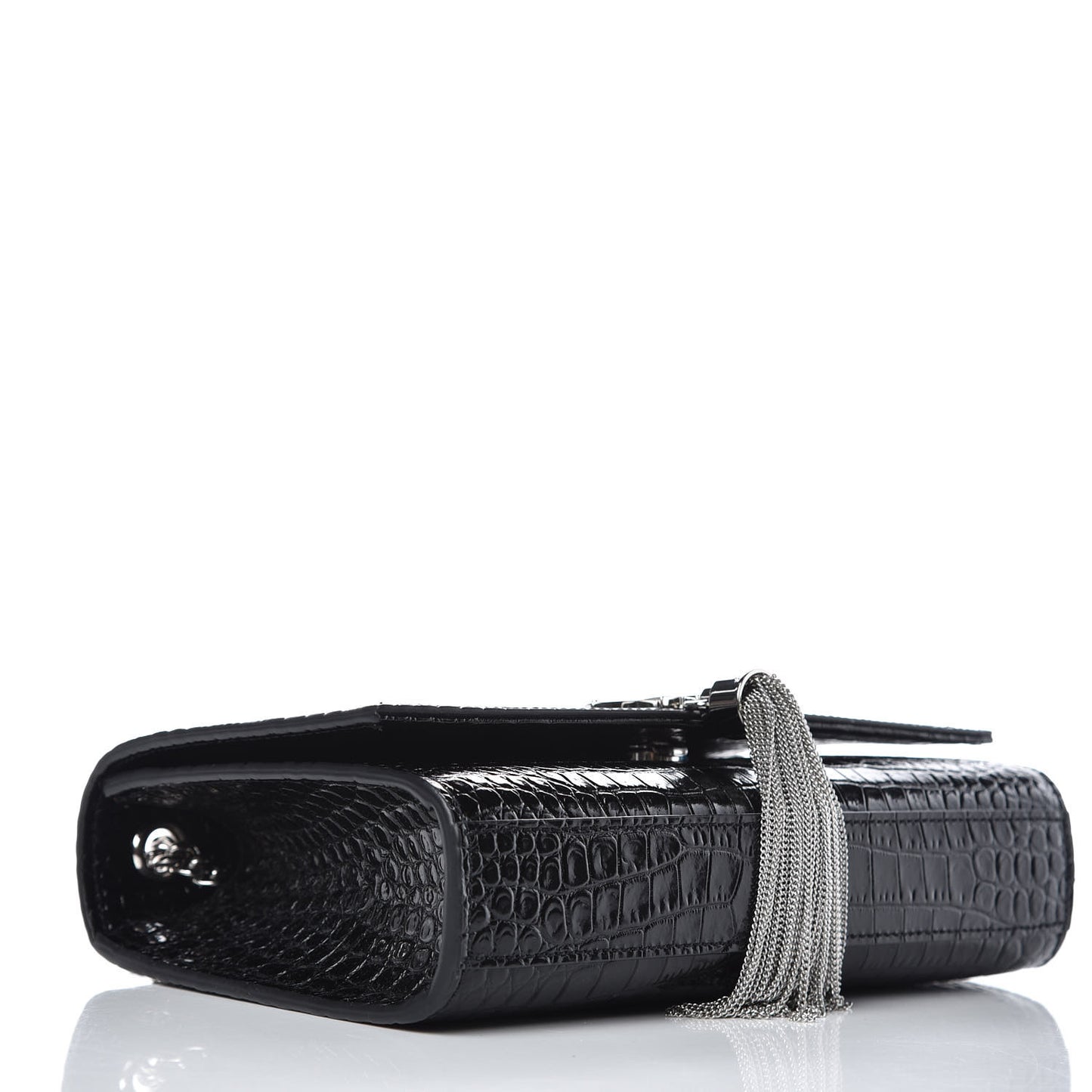 Calfskin Crocodile Embossed Small Classic Monogram Kate Tassel Satchel Black