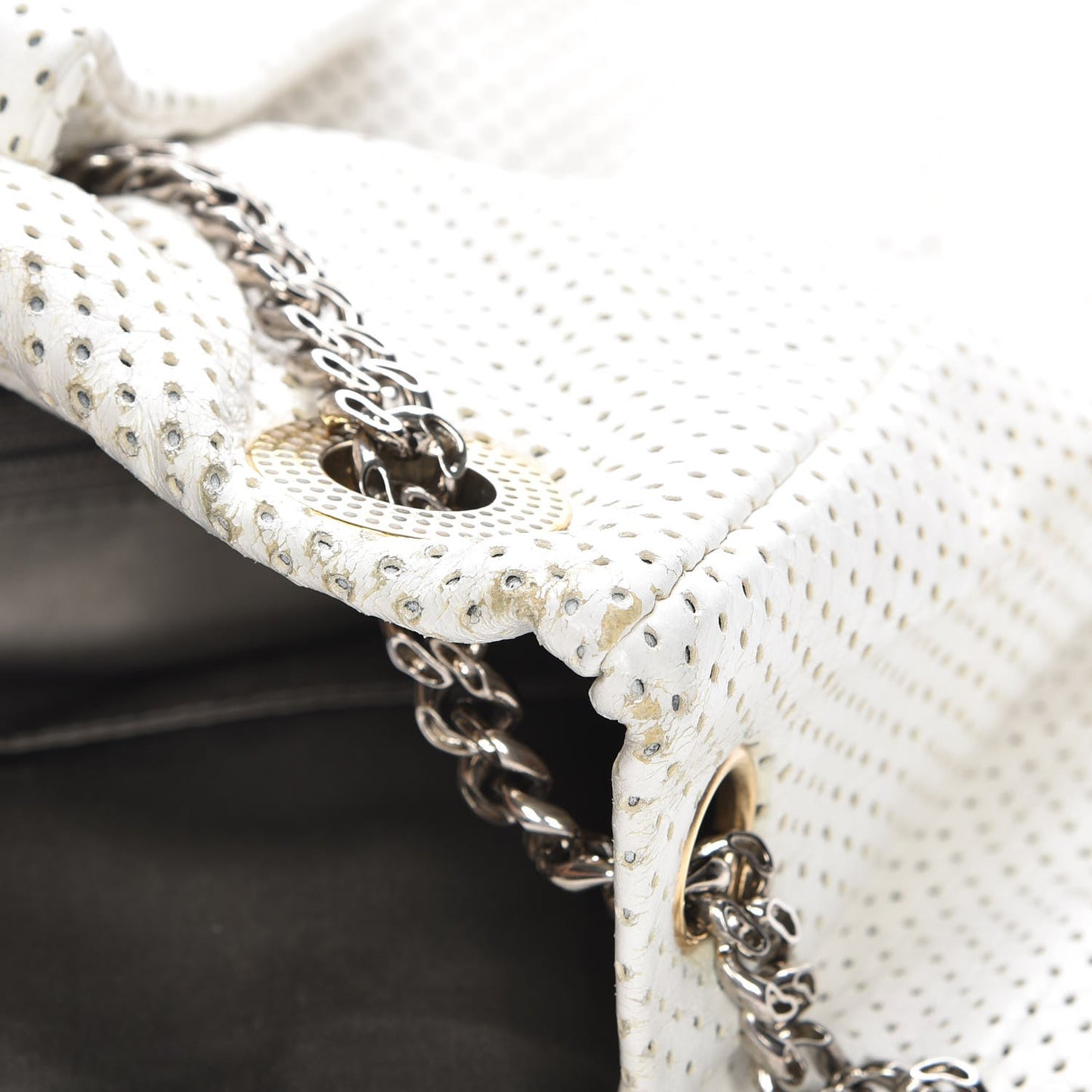 Perforated Calfskin Drill Shoulder Bag White