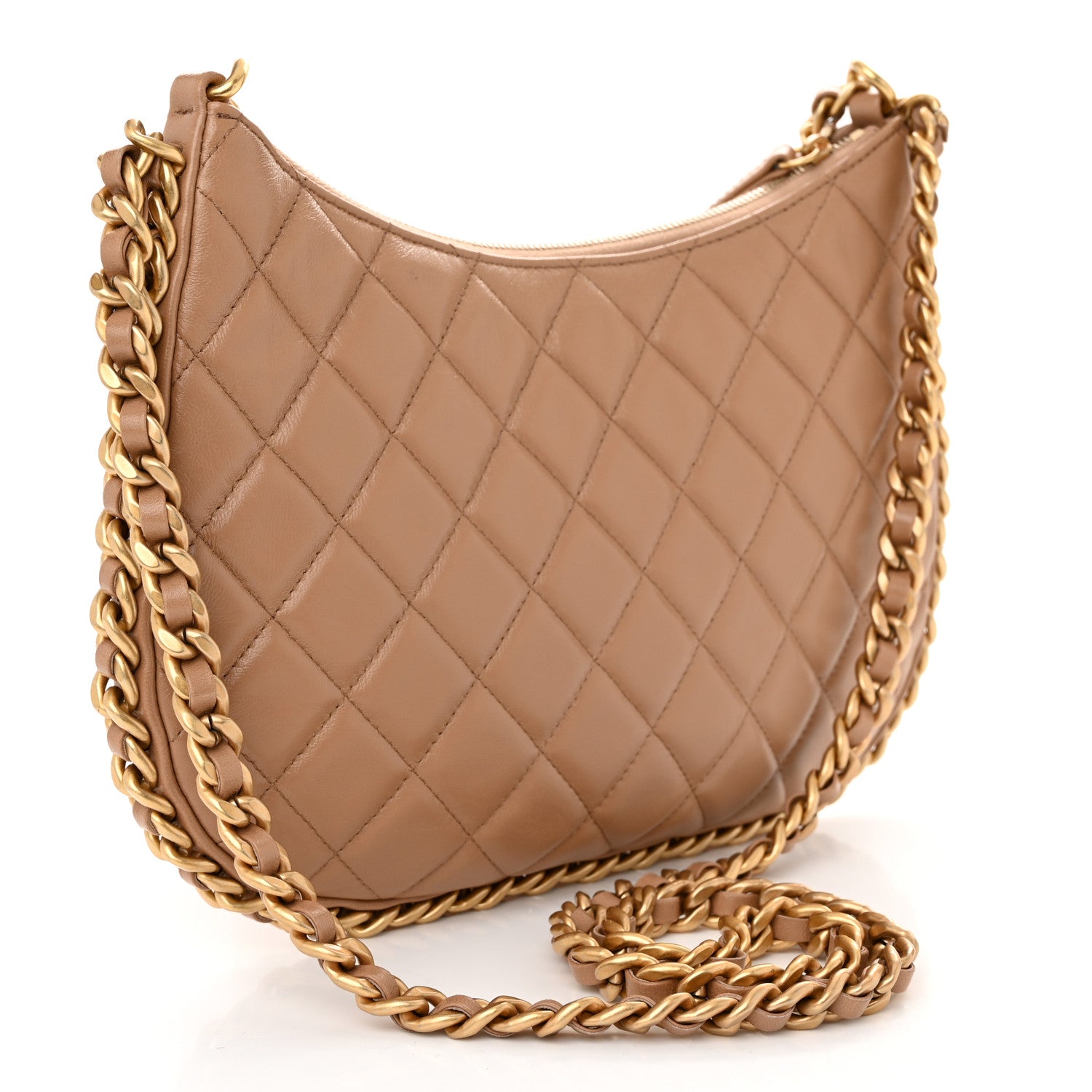 Chanel Shiny Crumpled Lambskin Quilted Large Trendy Chain Around Hobo Dark Beige 3 of 11