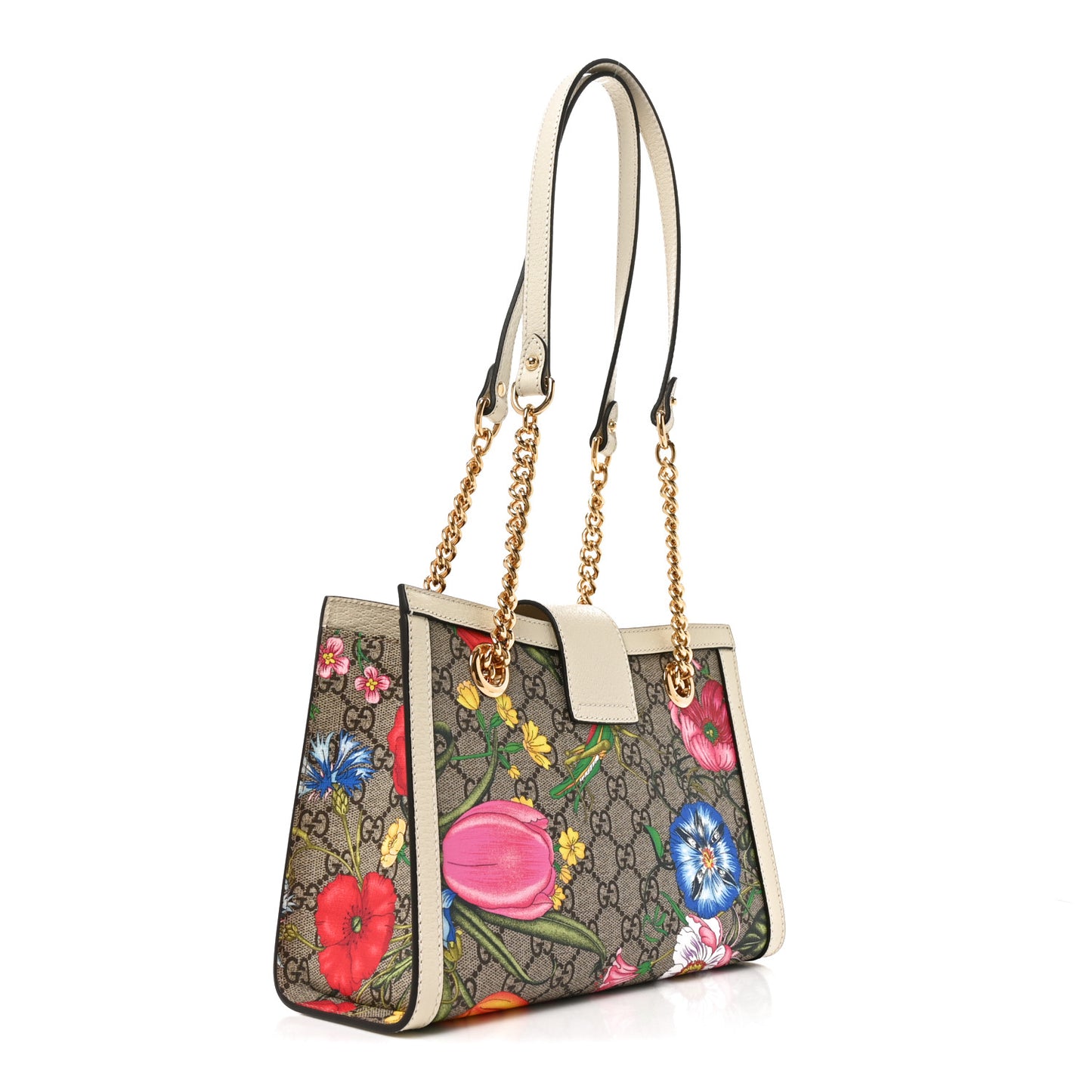GG Supreme Monogram Flora Textured Calfskin Small Padlock Tote Beige Ebony Multicolor Mystic White