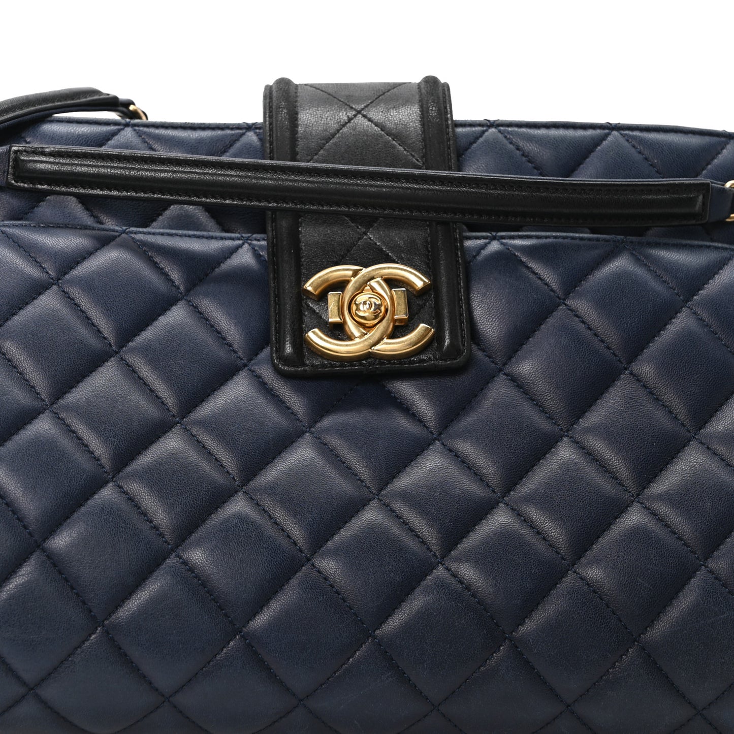 Lambskin Quilted Elegant CC Shopping Tote Navy Black