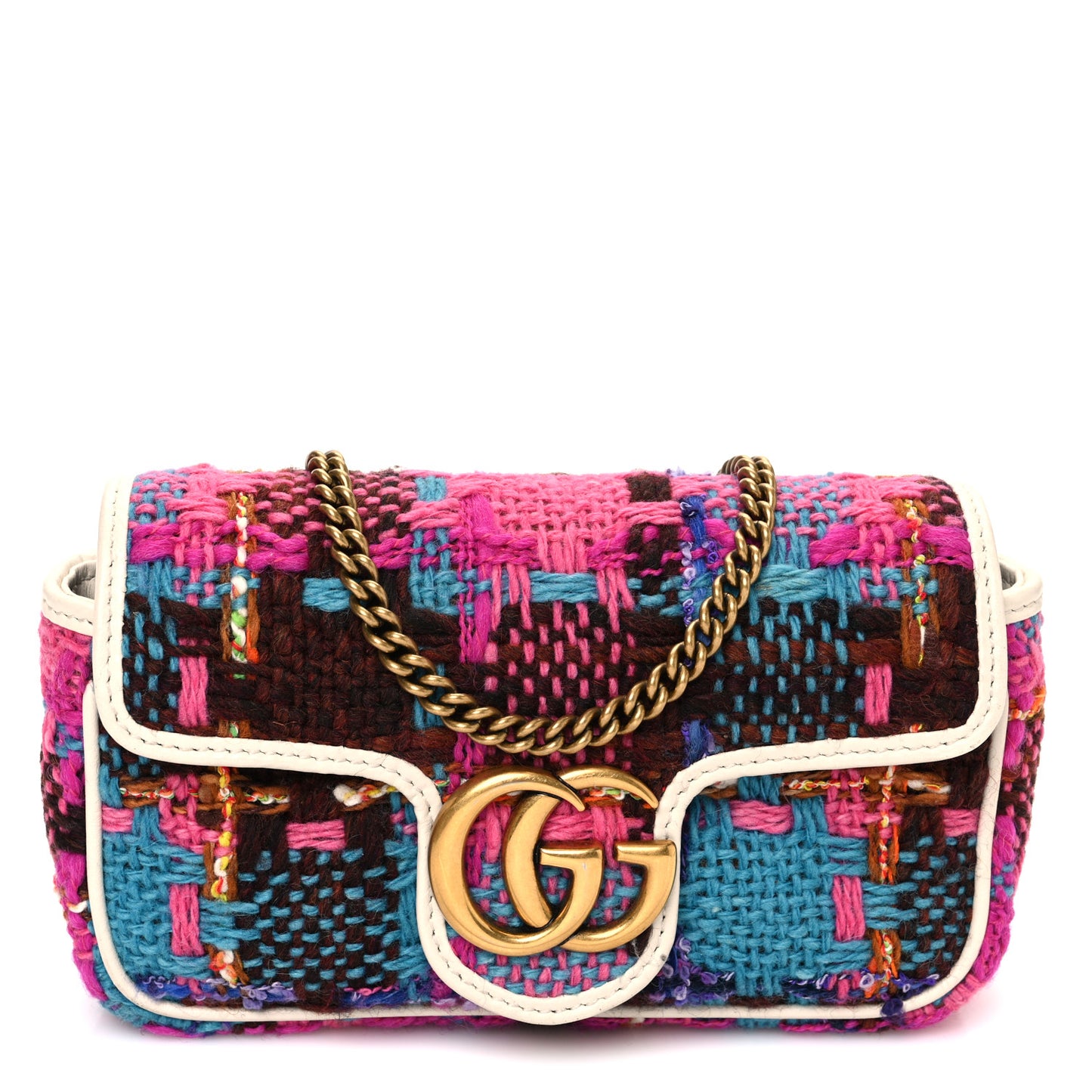 Tweed Calfskin Spicy Check Super Mini GG Marmont Shoulder Bag Pink Multicolor Mystic White