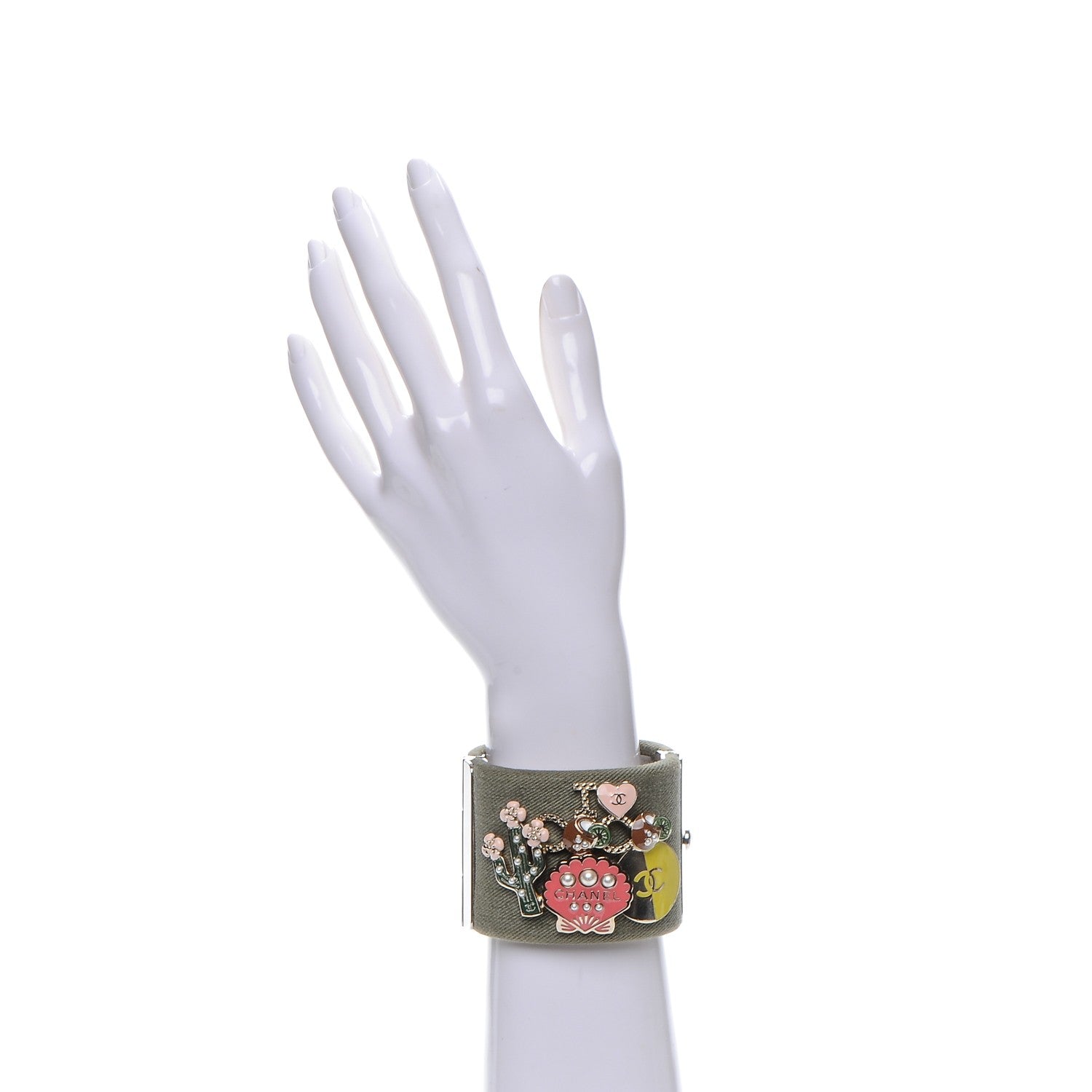 Chanel Canvas Pearl Enamel CC Cuff Green 2 of 5