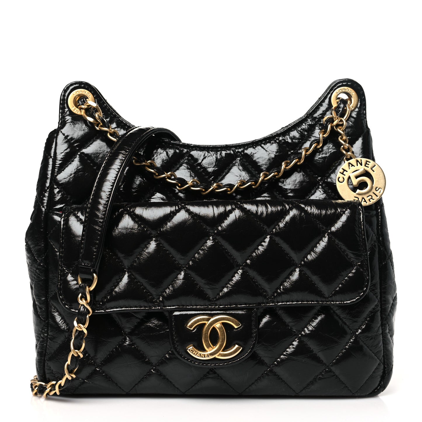 Shiny Crumpled Calfskin Quilted Wavy CC Hobo Black