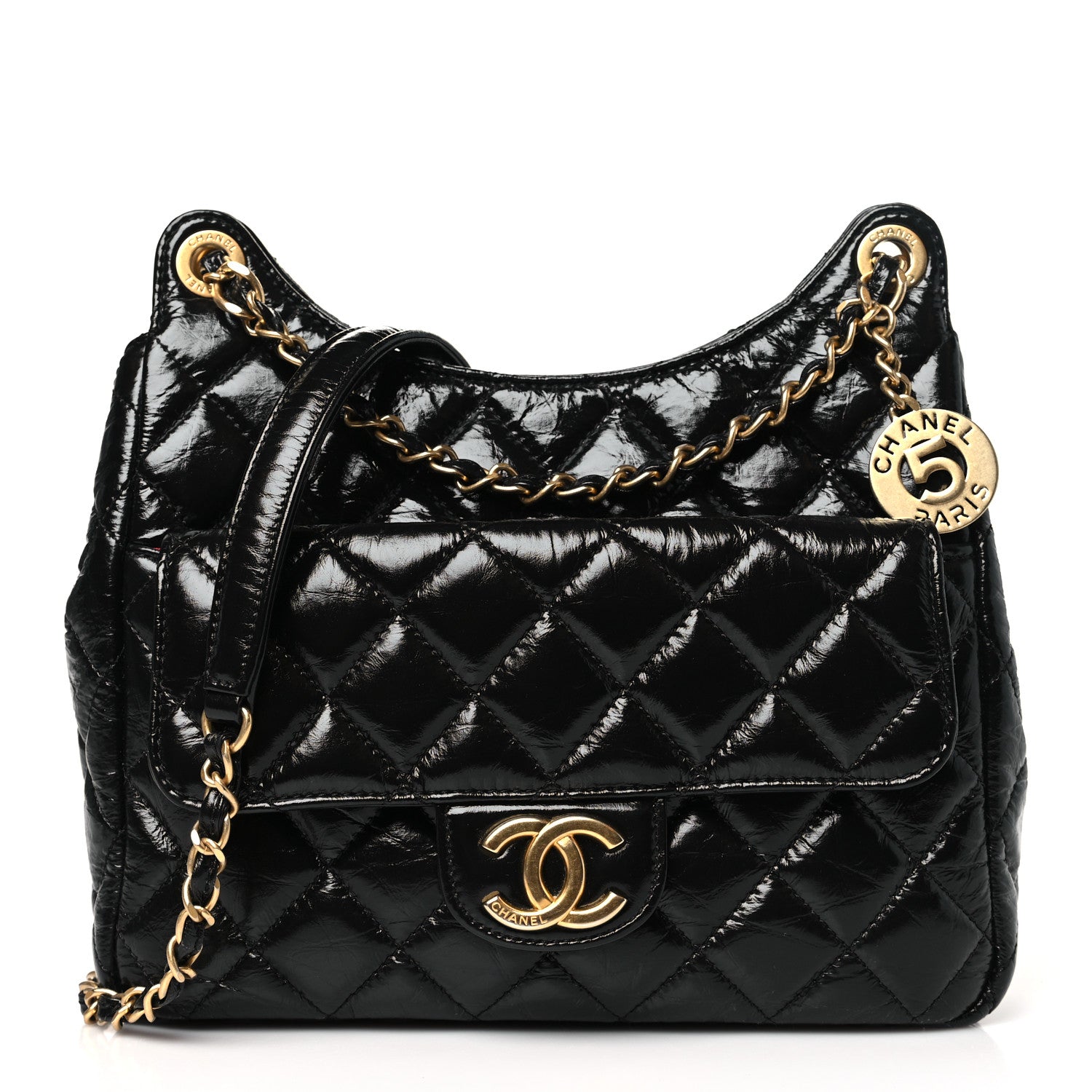 Chanel Shiny Crumpled Calfskin Quilted Wavy CC Hobo Black 1 of 10