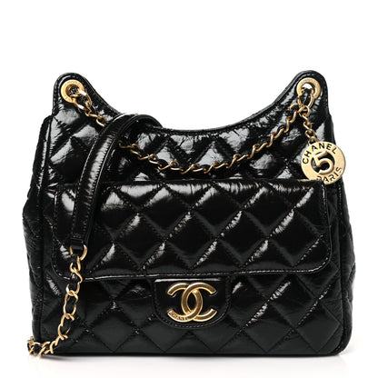 Chanel Shiny Crumpled Calfskin Quilted Wavy CC Hobo Black 1 of 10