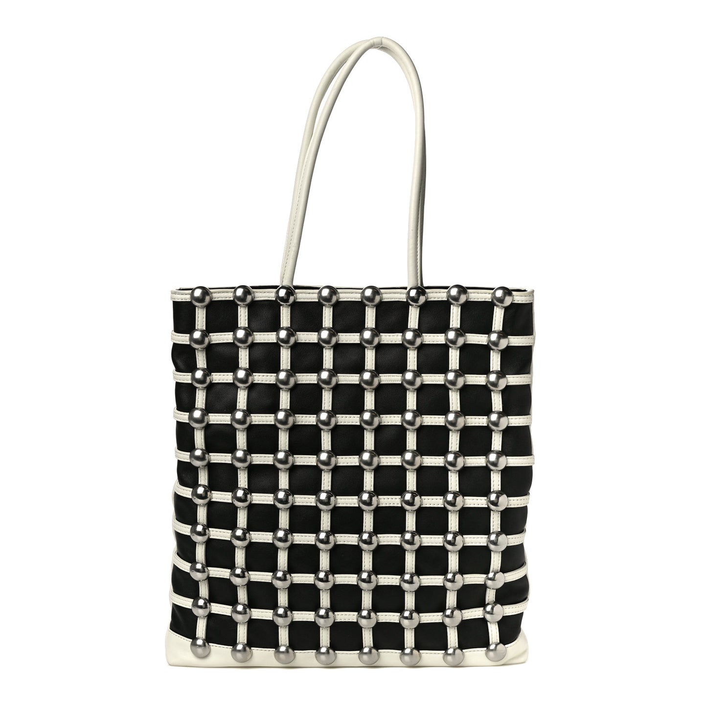 Calfskin Dome Stud Cage Shopper Tote White Black