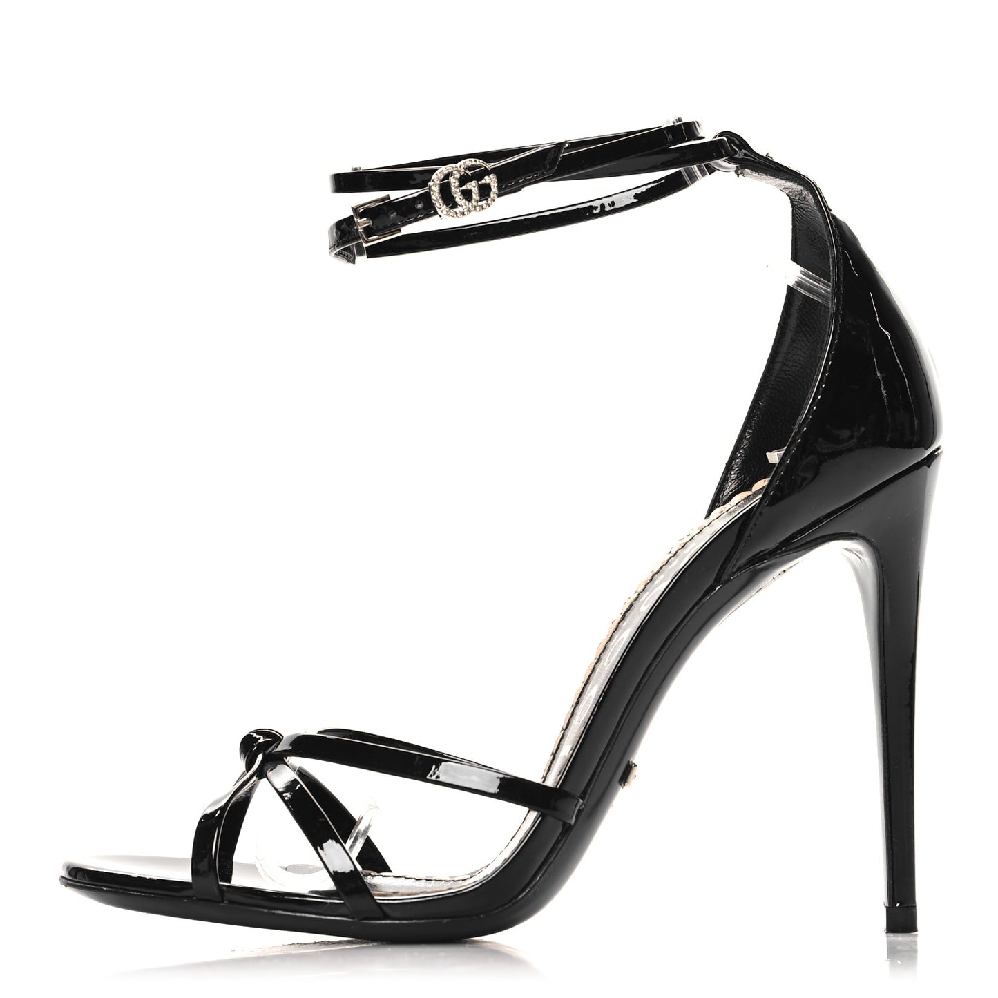 Patent Crystal Double G Ankle Wrap Sandals 37 Black