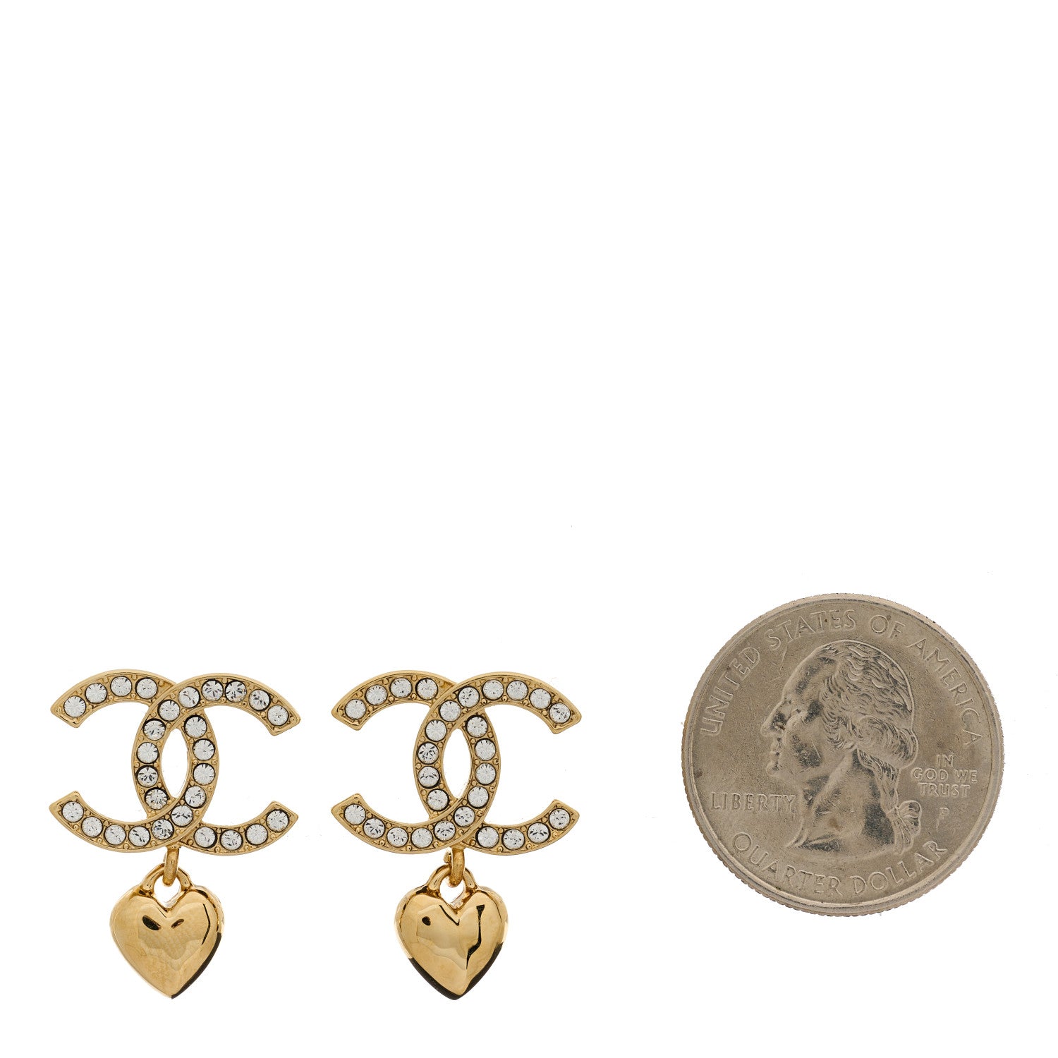 Chanel Metal Crystal CC Heart Drop Earrings Gold 2 of 4