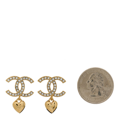 Chanel Metal Crystal CC Heart Drop Earrings Gold 2 of 4