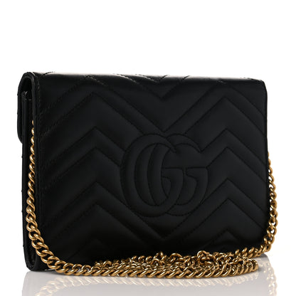 Gucci Calfskin Matelasse Mini GG Marmont Chain Wallet Black 3 of 9