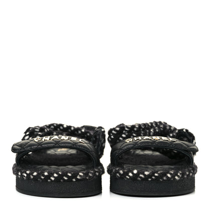Chanel Cord Lambskin Quilted Logo Sandals 37 Black 2 of 8