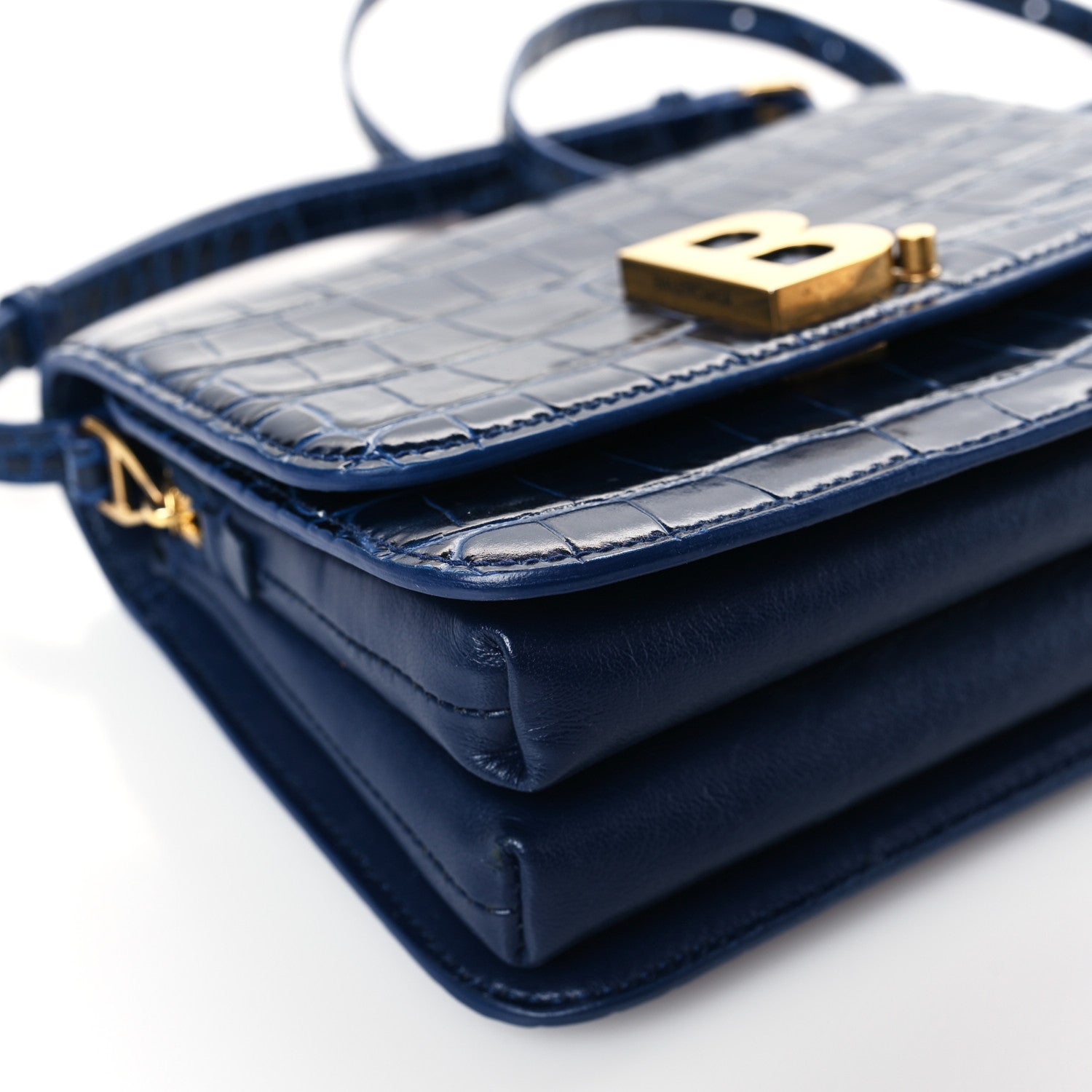 Balenciaga Shiny Calfskin Crocodile Embossed Small B Crossbody Bag Navy 7 of 9